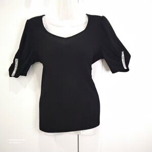 Love Scarlet Black Stretch Short Sleeve V-Neck Top Rhinestone Sleeves NWT S